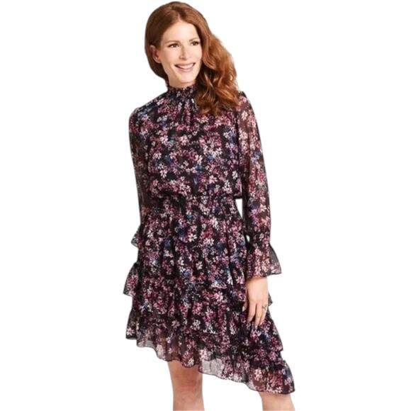 Misa Los Angeles Long Sleeve Floral Print Dress Asymmetrical Hem Large Savanna - Picture 4 of 12